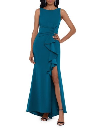Betsy & Adam Ruffle Bow Trumpet Gown - Blue