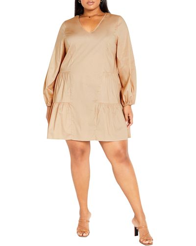 City Chic Alexia Long Sleeve Tiered Dress - Natural