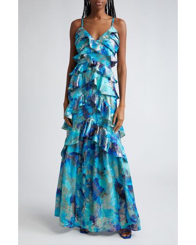 Ramy Brook Harlen Metallic Floral Ruffle Gown - Blue