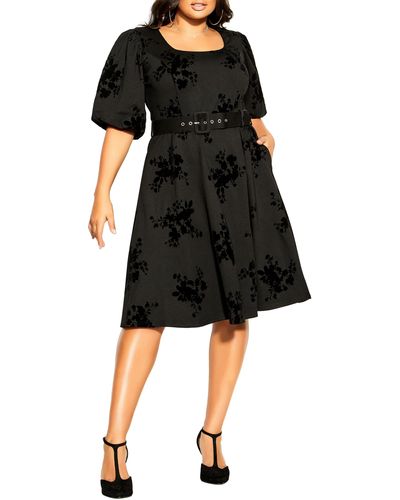 City Chic Belted Velvet Floral A-line Dress - Black