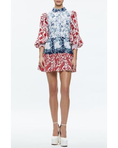 Alice + Olivia Alice + Olivia Paulie Mixed Floral Balloon Sleeve Minidress - Red