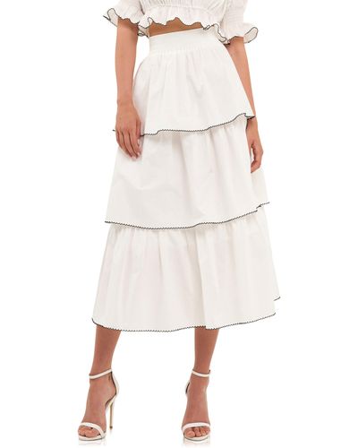 English Factory Picot Stitch Tiered Maxi Skirt - White