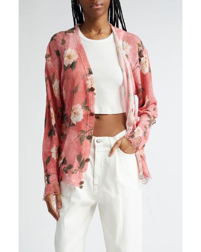 R13 Floral Frayed Linen Cardigan - Pink