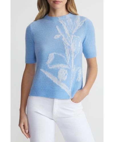 Lafayette 148 New York Floral Intarsia Cashmere Sweater - Blue