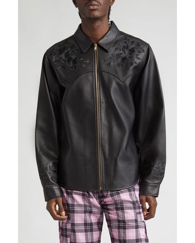 Noon Goons Drop Top Floral Embroidered Lambskin Leather Zip Shirt Jacket - Black