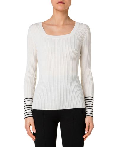 Akris Punto Square Neck Rib Virgin Merino Wool Fitted Sweater - White