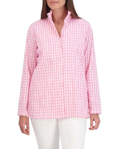 Foxcroft Carolina Crinkled Gingham Cotton Blend Button-up Shirt - Pink