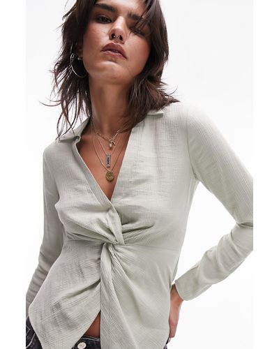 TOPSHOP Twist Front Crinkle Shirt - Gray