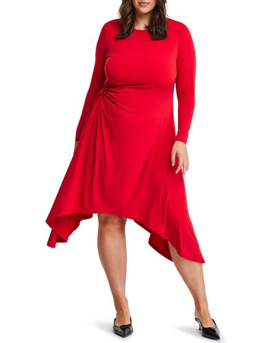 Estelle Ruched Asymmetric Hem Long Sleeve Jersey Midi Dress - Red