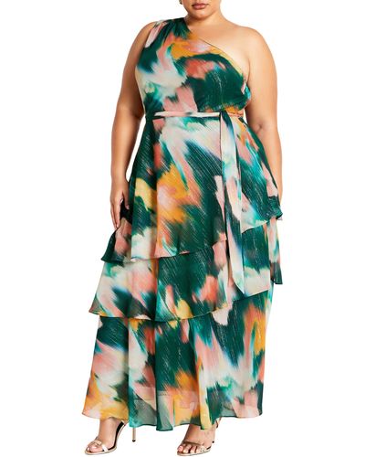 City Chic One-shoulder Sleeveless Tiered Maxi Dress At Nordstrom - Green