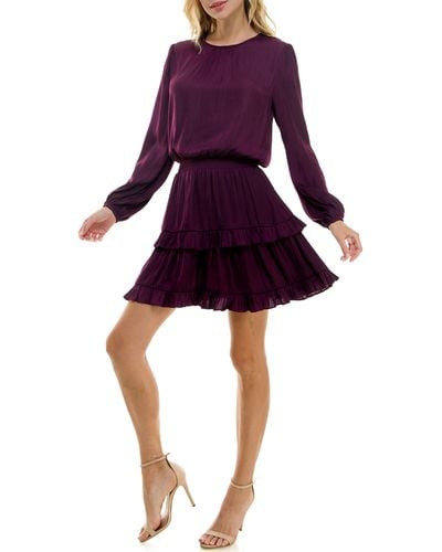 Socialite Smocked Tiered Long Sleeve Satin Dress - Purple