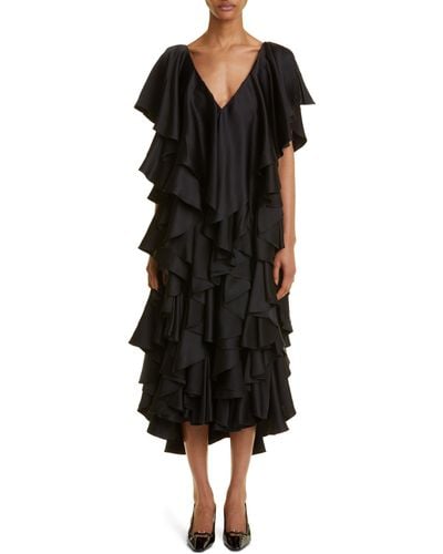 Interior Jane Plunge Neck Ruffle Silk Satin Gown - Black