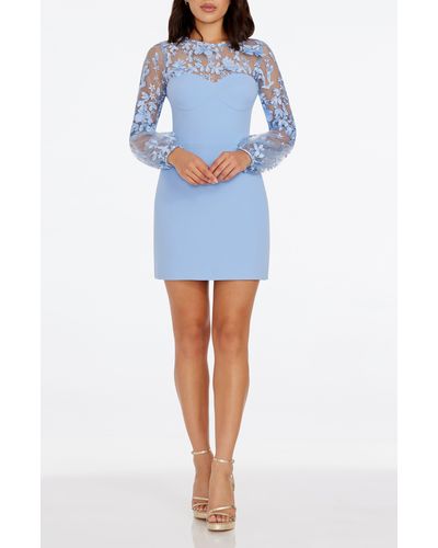 Dress the Population Mila Embellished Lace Trim Long Sleeve Minidress - Blue