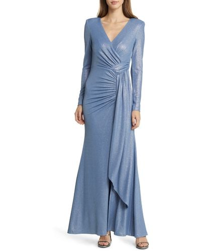 Vince Camuto Ruched Metallic Side Drape Long Sleeve Gown - Blue