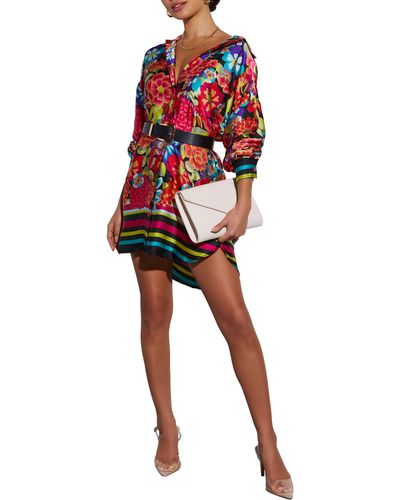 Vici Collection Coveted Floral Long Sleeve Shirtdress - Red