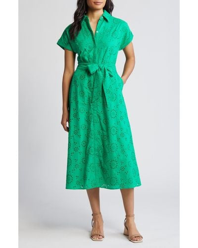 Caslon Caslon(r) Eyelet Embroidery Cotton Shirtdress - Green