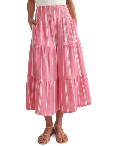 Marine Layer Valeria Stripe Smocked Midi Skirt - Pink