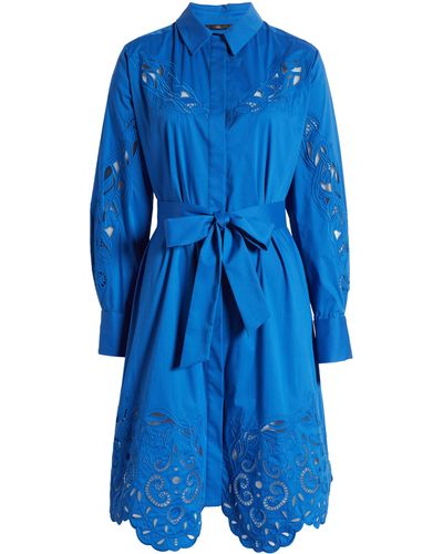 Kobi Halperin Embroidered Belted Long Sleeve Shirtdress - Blue