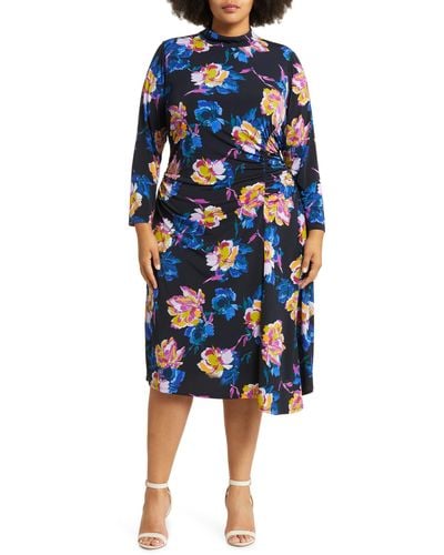 Maggy London Floral Print Ruched Mock Neck Long Sleeve Dress - Blue