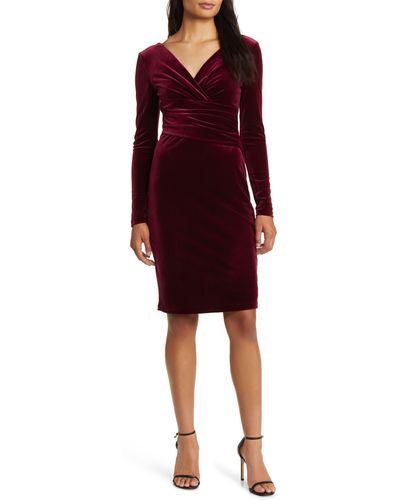 Eliza J Ruched Long Sleeve Velvet Body-con Dress - Red