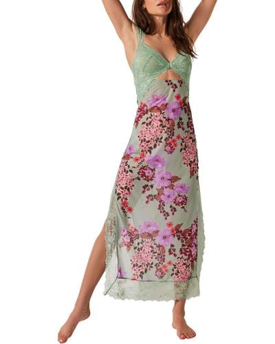 Free People Suddenly Fine Floral Print Cutout Lace Trim Nightgown - Multicolor