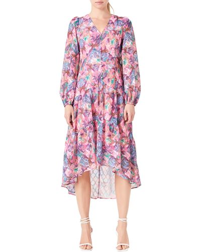 Endless Rose Floral Print Long Sleeve High-low Dress - Red
