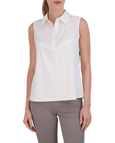 Foxcroft Mixed Media Sleeveless Button-up Shirt - White