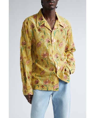 Séfr Ripley Floral Embroidered Long Sleeve Camp Shirt - Yellow