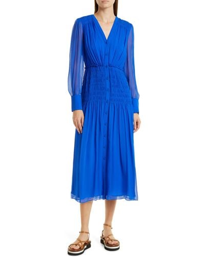Jason Wu Smocked Waist Long Sleeve Silk Chiffon Midi Dress - Blue