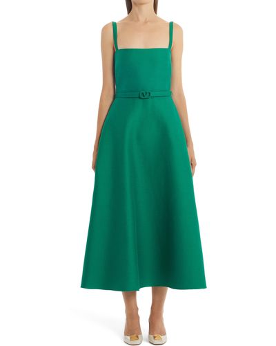 Valentino Vlogo Belted Cotton & Silk Crepe Couture A-line Midi Dress - Green