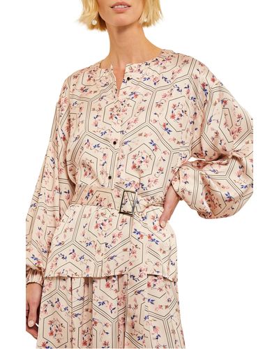 Misook Floral Balloon Sleeve Belted Shirt - Natural