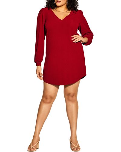 City Chic Quiero Long Sleeve Shift Dress - Red