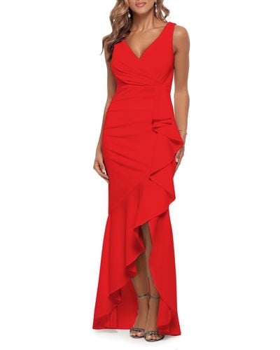 Betsy & Adam V-neck Cascade Ruffle High-low Gown - Red