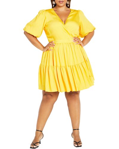 City Chic Nikola Tiered Wrap Dress - Yellow