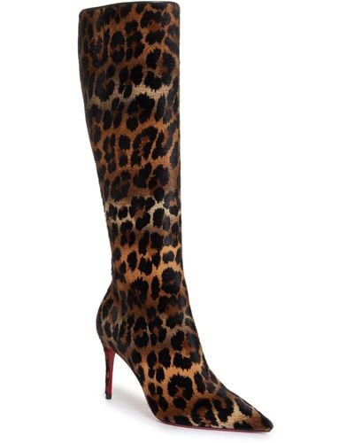Christian Louboutin Kate Leopard Print Genuine Calf Hair Pointed Toe Knee High Boot - Black