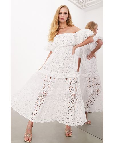 ASOS Edition Broderie Anglaise Off The Shoulder Tiered Dress - White