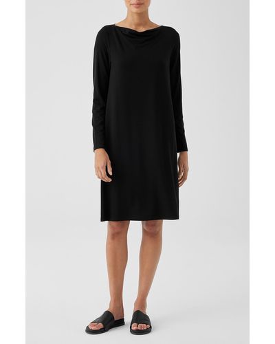Eileen Fisher Long Sleeve Cowl Neck Jersey Shift Dress - Black