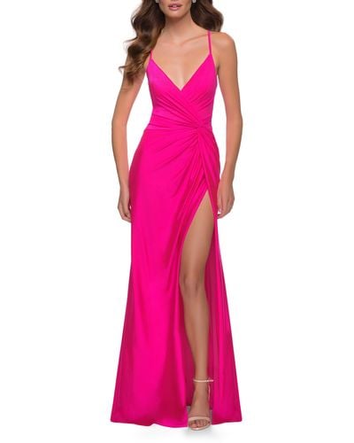 La Femme Strappy Back Jersey Gown - Pink