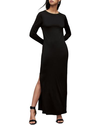 AllSaints Nyx Embellished Neck Long Sleeve Maxi Dress - Black