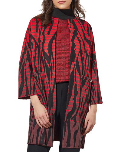 Ming Wang Animal Print Open Front Knit Jacket - Red