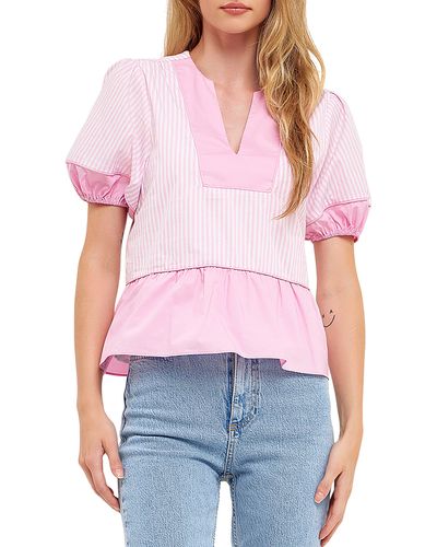 English Factory Contrast Stripe Puff Sleeve Top - Red
