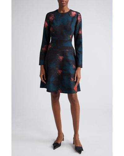 Lela Rose Lily Floral Tiered Long Sleeve Fit & Flare Dress - Blue