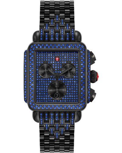 Michele Deco Noir Pavé Sapphire Chronograph Bracelet Watch - Blue