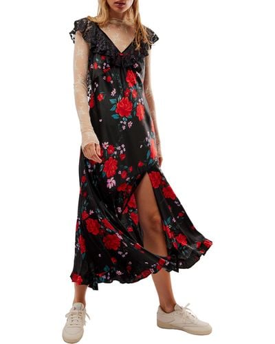 Free People Warm Hearts Lace & Satin Maxi Dress - Red