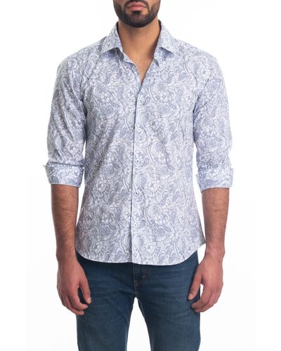 Jared Lang Trim Fit Floral Paisley Cotton Button-up Shirt - Blue