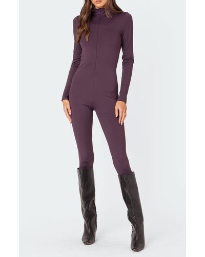 Edikted Zip Front Long Sleeve Jumpsuit - Purple