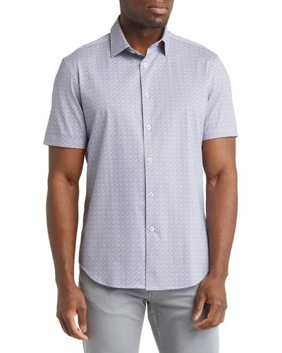 Bugatchi Ooohcotton® Geometic Print Short Sleeve Button-up Shirt - White
