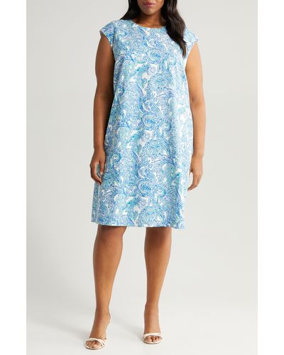 Jones New York Paisley Cap Sleeve Linen Blend Dress - Blue