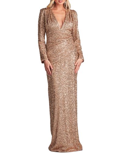SHO by Tadashi Shoji Sequin Ruched Long Sleeve Gown - Multicolor