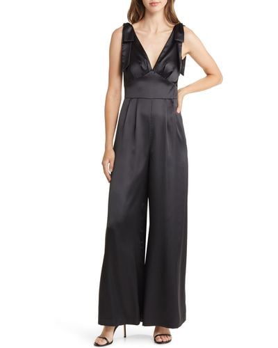 Eliza J V-neck Satin Wide Leg Jumpsuit - Blue